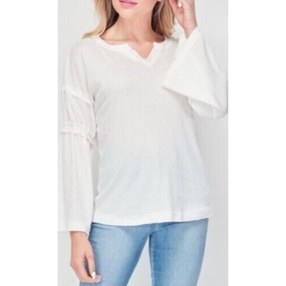 Baea Women's V-Neck Flare Long Sleeve Thermal Top In White Large MSRP $78
